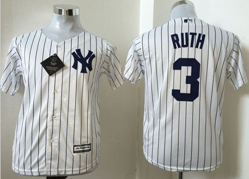 Yankees #3 Babe Ruth White Name Back Stitched Youth MLB Jersey - Click Image to Close